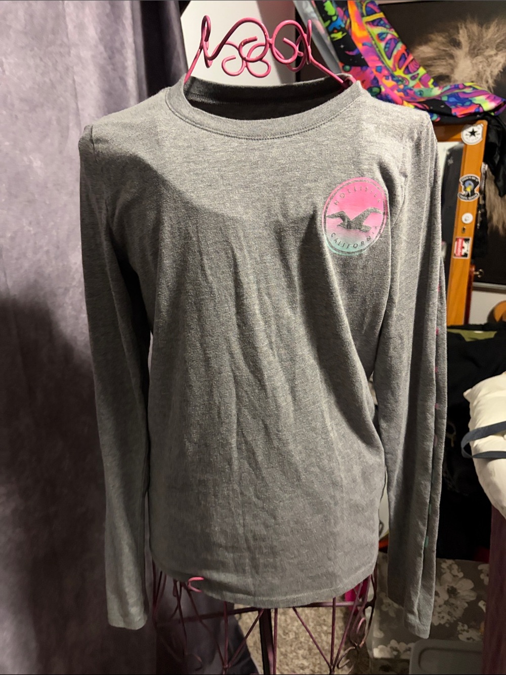 Hollister Heather Gray Long Sleeve Tee with Pink & Mint Logo